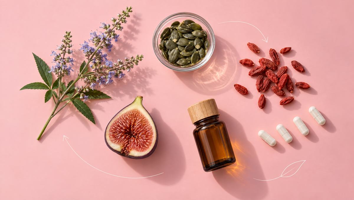 Aufsicht auf einen Mönchspfeffer-Zweig mit lilafarbenen Blüten, Kürbiskerne, getrocknete Beeren, Kapseln und eine halbierte Feige auf zartrosa Fläche – Ratgeber zu Zyklus und Hormonbalance