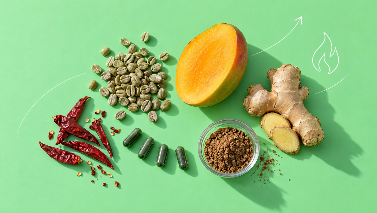 Aufsicht auf grüne Kaffeebohnen, eine halbierte Mango, Ingwerwurzel, getrocknete Chilischoten und dunkelgrüne Kapseln auf mintgrüner Fläche – Ratgeber zu Stoffwechsel und Heißhunger