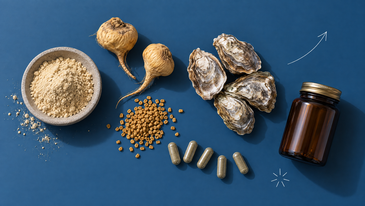 Aufsicht auf Maca-Wurzeln und Maca-Pulver in einer Steinschale, Bockshornkleesamen, Kürbiskerne und graugrüne Kapseln auf schieferblauer Fläche – Ratgeber zu Kraft und Regeneration bei Männern