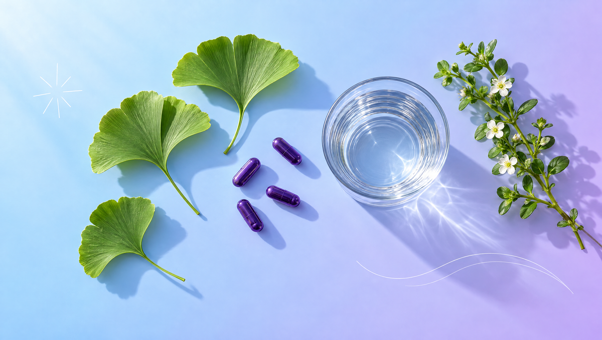 Aufsicht auf fächerförmige Ginkgoblätter, einen Bacopa-Zweig, violette Kapseln und ein Glas Wasser auf blau-lila Verlaufsfläche – Ratgeber zu Konzentration und Gedächtnis