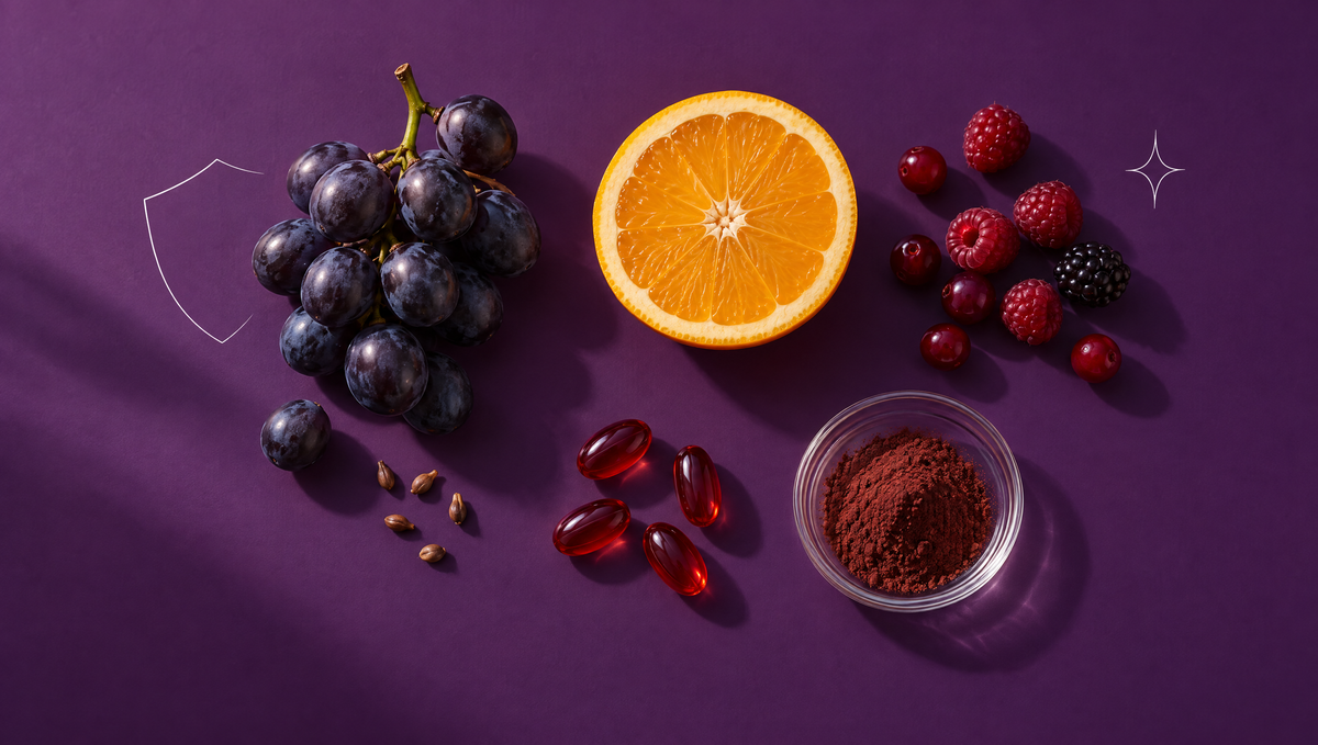 Aufsicht auf Trauben, halbe Orange, rote Beeren und Kapseln auf pflaumenvioletter Fläche – Ratgeber zu Antioxidantien und Zellschutz